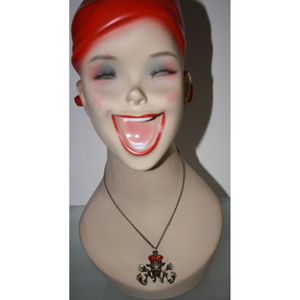 3/$15 Gold Skeleton Wearing Hat Necklace Red Rhinestones Fashion Jewelry